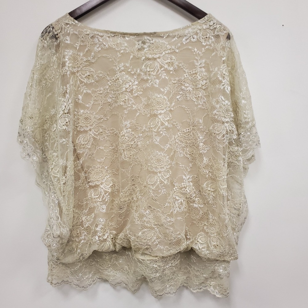 Ice Womens Lace Overly Fairy Ethereal Angelcore Top Size XL Cream Metallic Drape - Picture 3 of 10